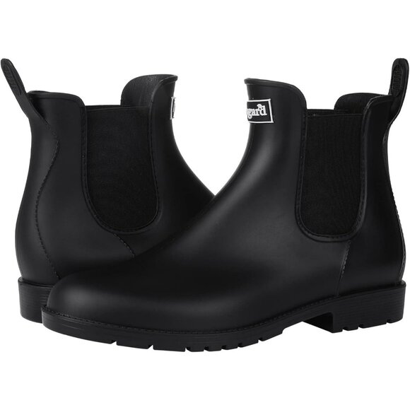 Women's New Black Pointed Toe Waterproof Chelsea Double Elastic Ankle Rain Boots - Picture 5 of 6